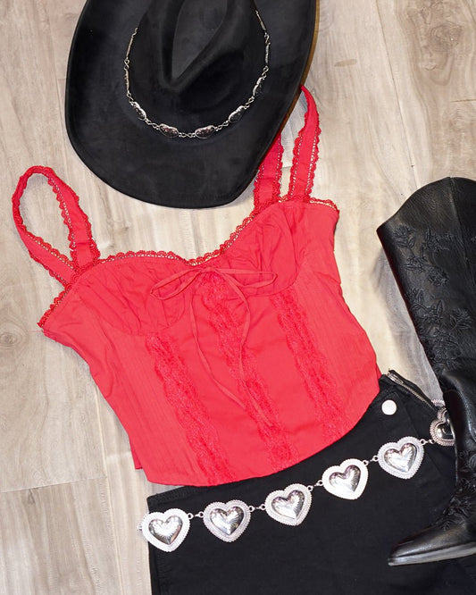 Georgia Red Lace Tie Front Sweetheart Corset Top - Cindy Jane Boutique - Tanks, Camis & Tube Tops