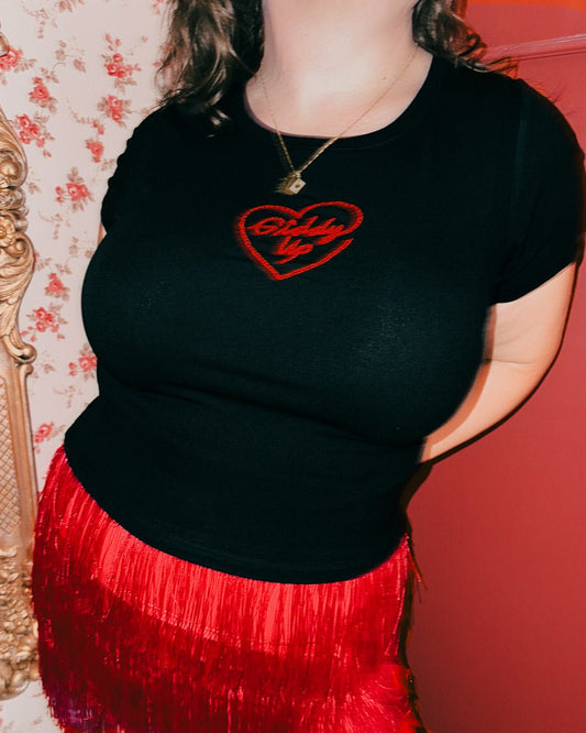 Giddy Up Black Western Heart Embroidered Crop Tee - Cindy Jane Boutique - Graphic Tees