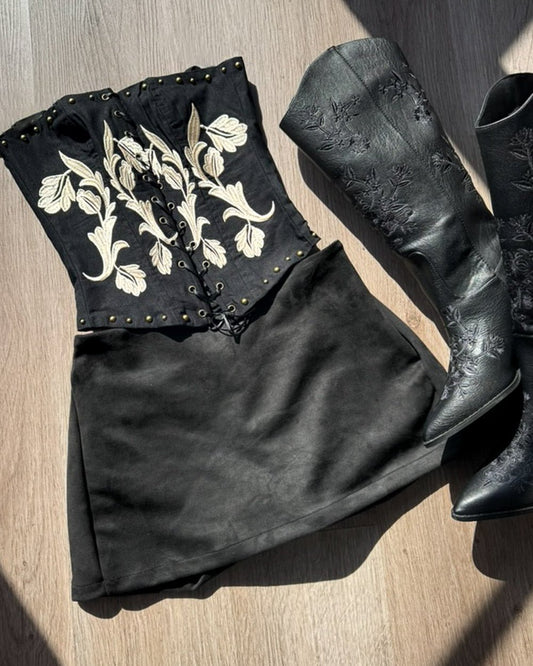 Hawthorne Black Floral Embroidered Studded Lace Front Stretch Corset Top - Cindy Jane Boutique - Tanks, Camis & Tube Tops