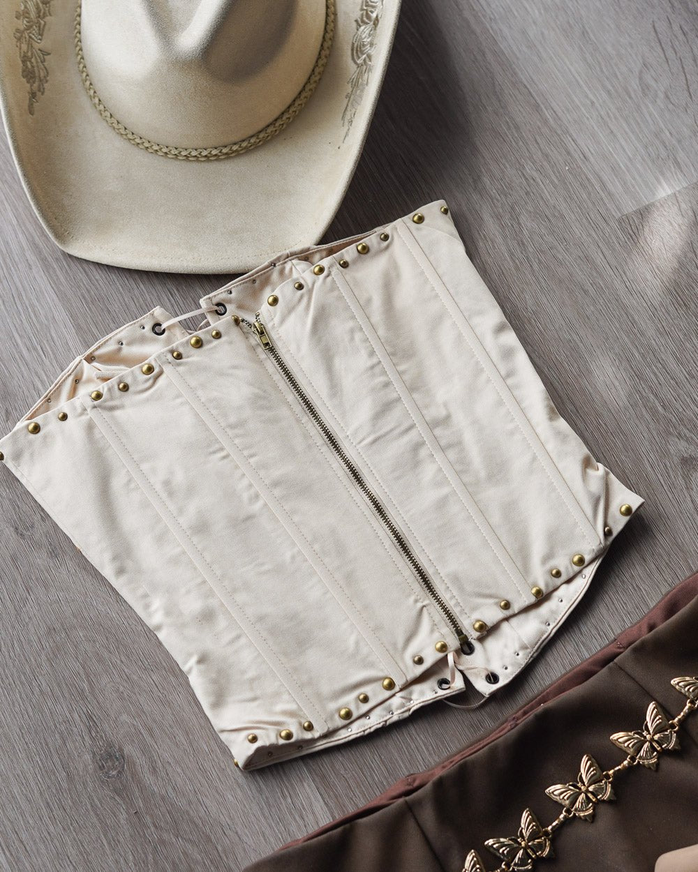 Hawthorne Khaki Woven Floral Embroidered Studded Lace Front Corset Top - Cindy Jane Boutique - Tanks, Camis & Tube Tops