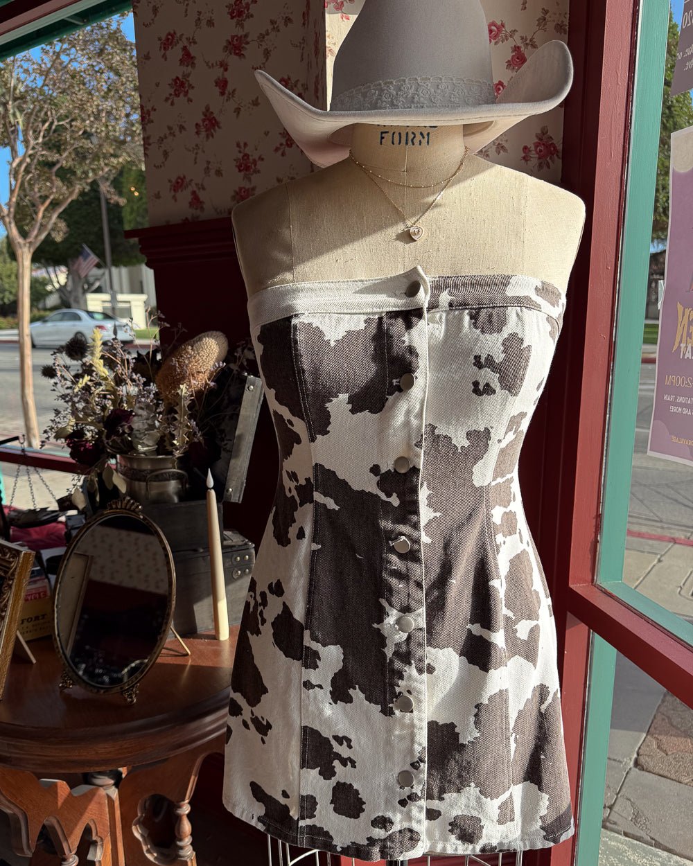 Holy Cow Light Brown Multi Cow Print Strapless Mini Dress - Cindy Jane Boutique - Short Dresses