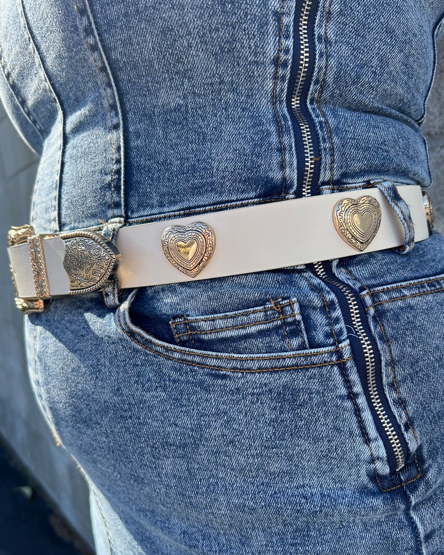 Ivory Engraved Heart Faux Leather Belt - Cindy Jane Boutique - Belts