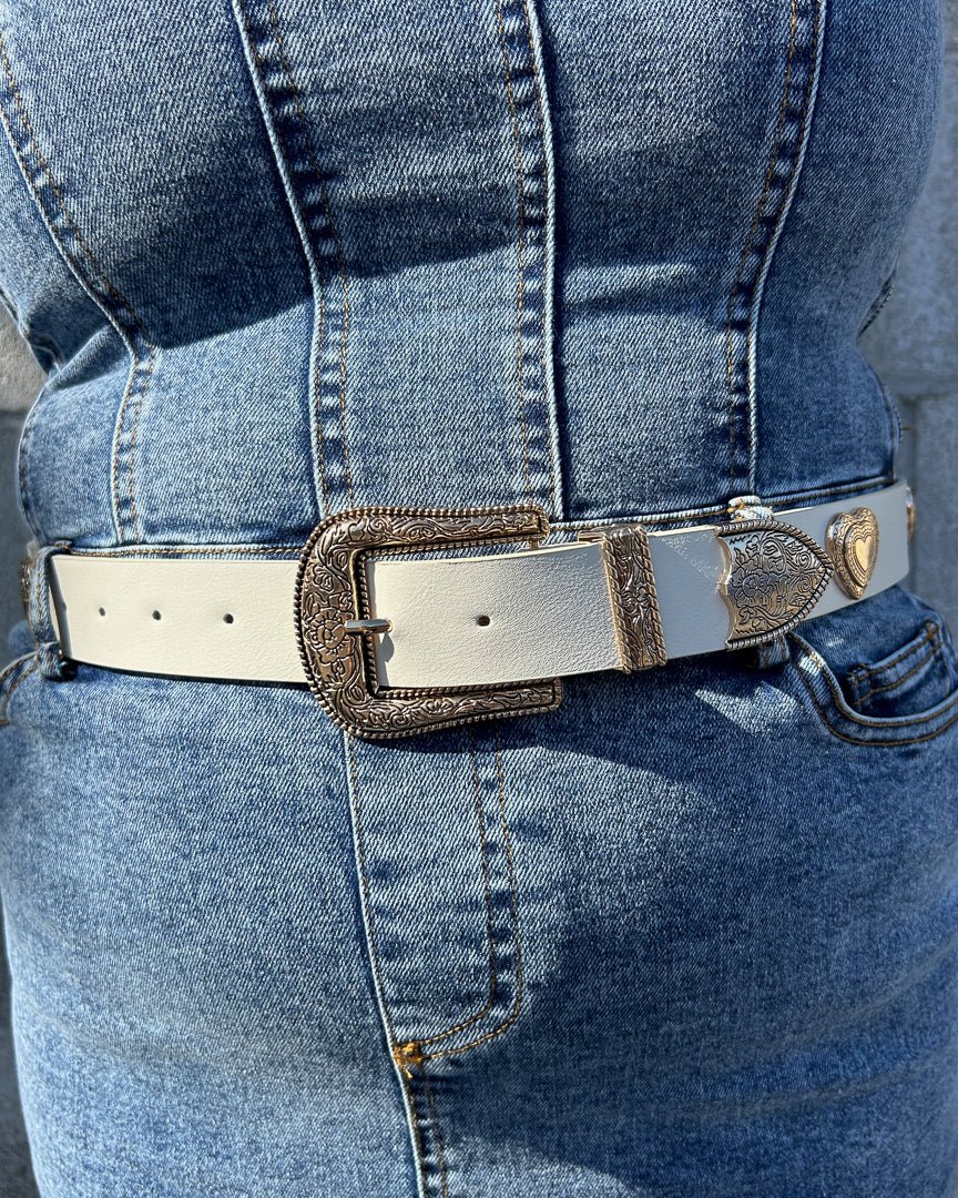 Ivory Engraved Heart Faux Leather Belt - Cindy Jane Boutique - Belts