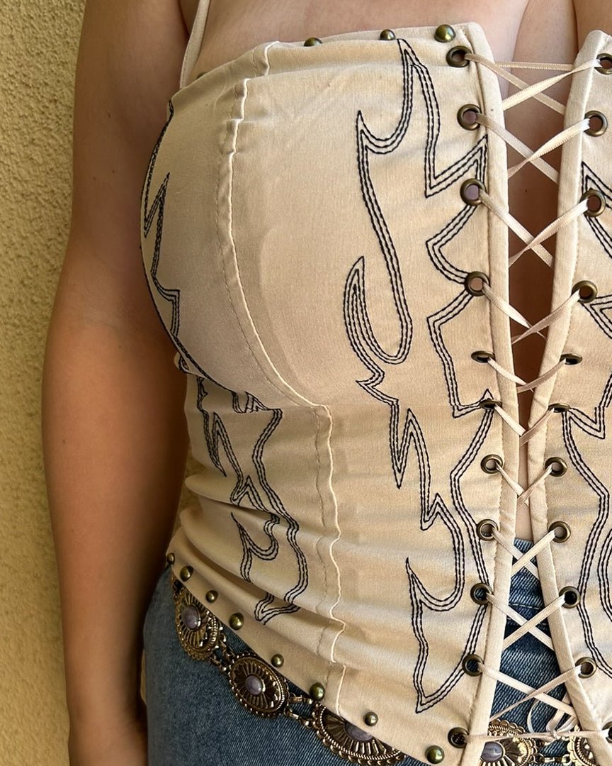 Janie Cream Woven Western Embroidered Studded Lace Front Corset Top - Cindy Jane Boutique - Tanks, Camis & Tube Tops