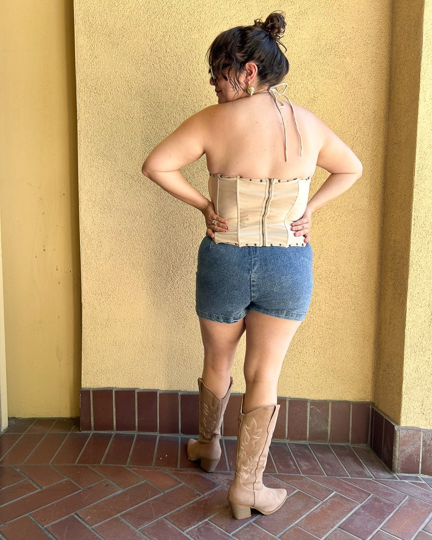 Janie Cream Woven Western Embroidered Studded Lace Front Corset Top - Cindy Jane Boutique - Tanks, Camis & Tube Tops