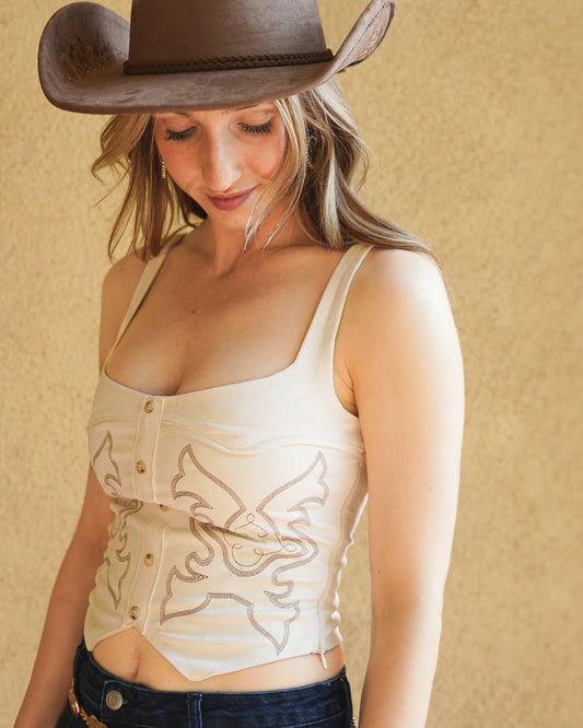 Jessie Cream Faux Suede Western Embroidered Square Neck Crop Top - Cindy Jane Boutique - Tanks, Camis & Tube Tops