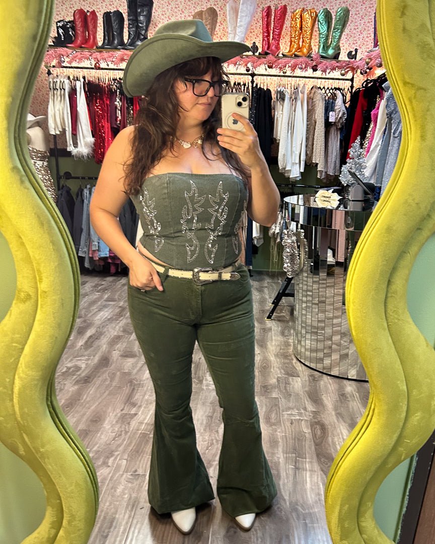 Kacey Dark Green Rhinestone Embellished Western Denim Corset Top - Cindy Jane Boutique - Tanks, Camis & Tube Tops
