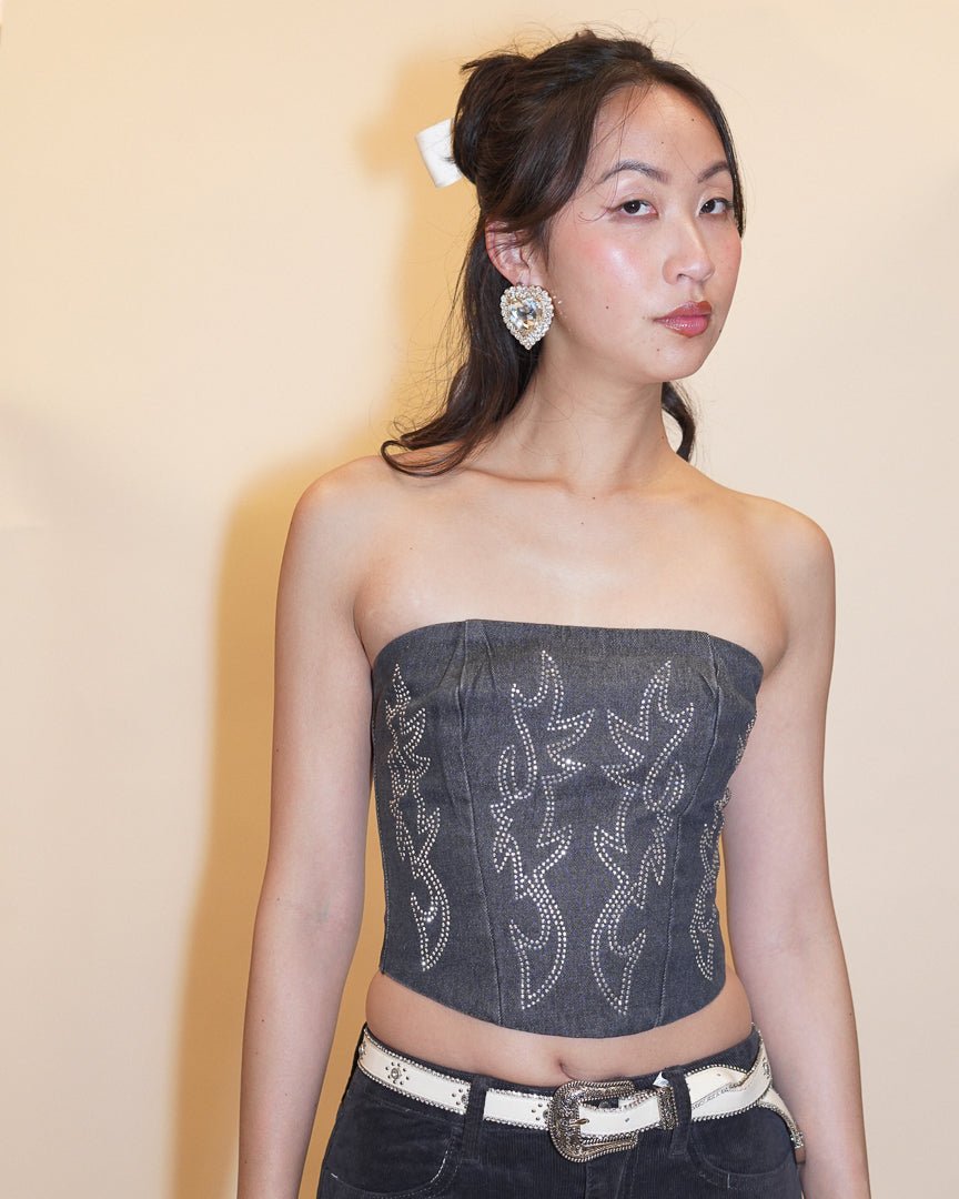 Kacey Washed Black Rhinestone Embellished Western Corset Top - Cindy Jane Boutique - Tanks, Camis & Tube Tops
