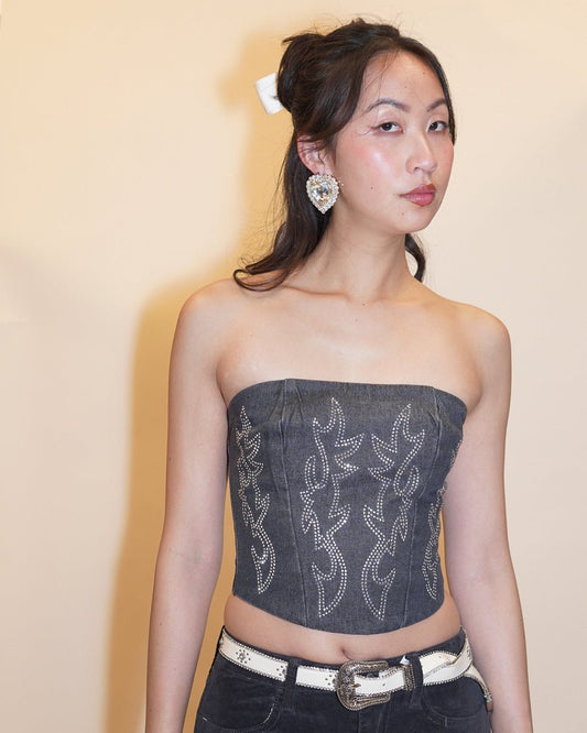 Kacey Washed Black Rhinestone Embellished Western Corset Top - Cindy Jane Boutique - Tanks, Camis & Tube Tops