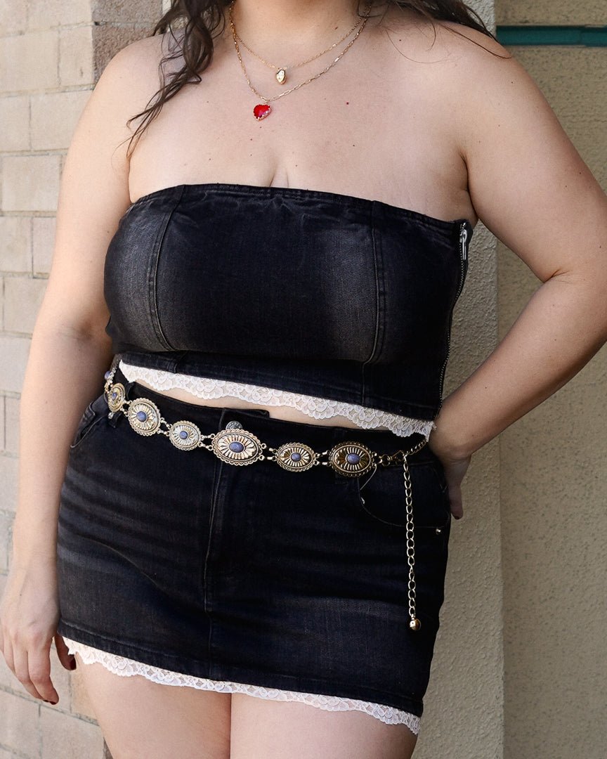 Kassidy Black Strapless Lace Trim Denim Corset Top And Mini Skirt Set - Cindy Jane Boutique - Two Piece Sets