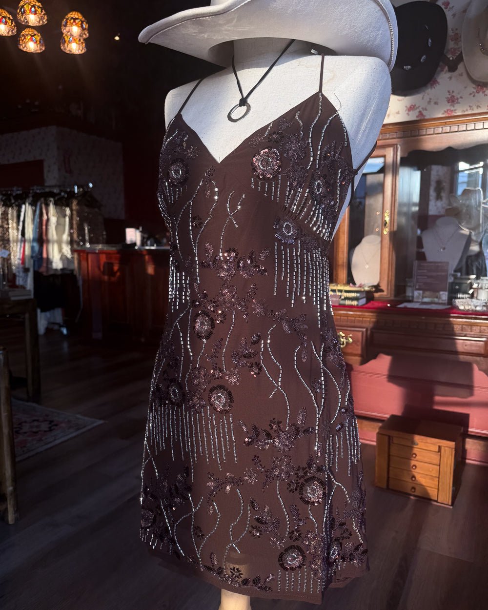 Lady Luck Brown Chiffon Sequin Beaded Backless Mini Dress