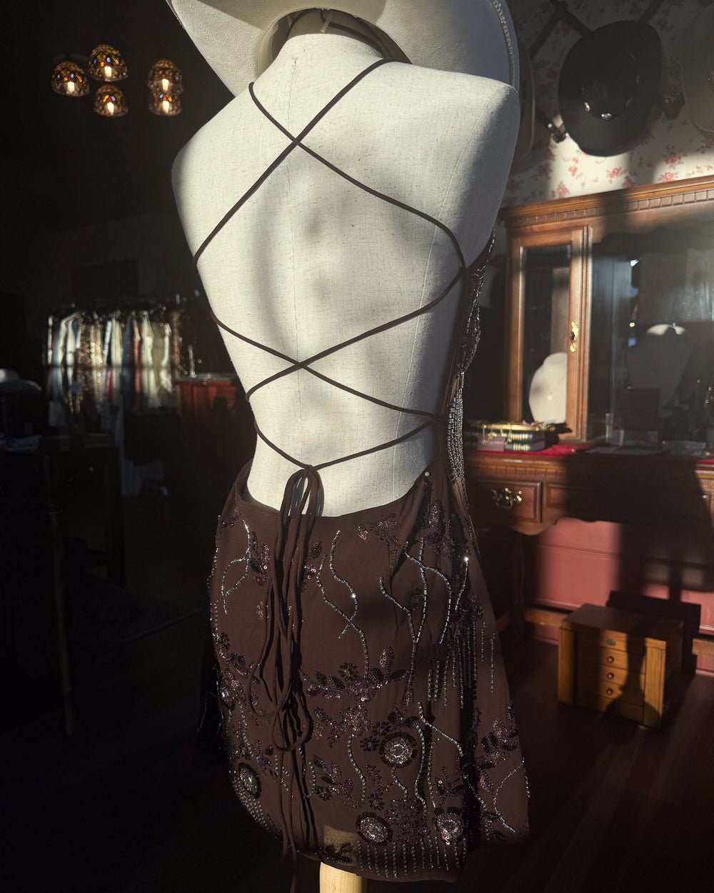 Lady Luck Brown Chiffon Sequin Beaded Backless Mini Dress - Cindy Jane Boutique - Short Dresses