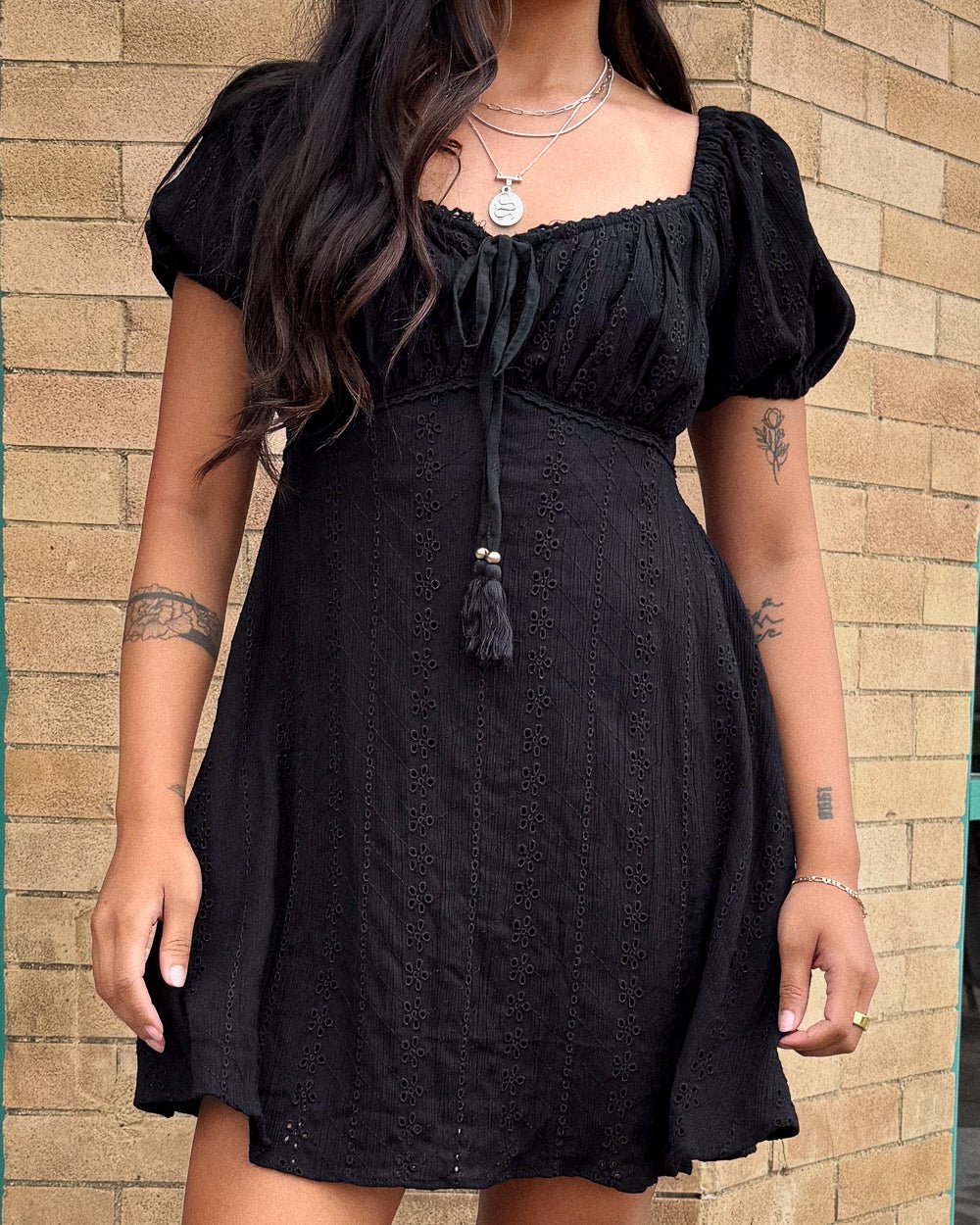 Lainey Black Puff Sleeve Eyelet Smocked Mini Dress M / Black Lainey Black Puff Sleeve Eyelet Smocked Mini Dress M / Black