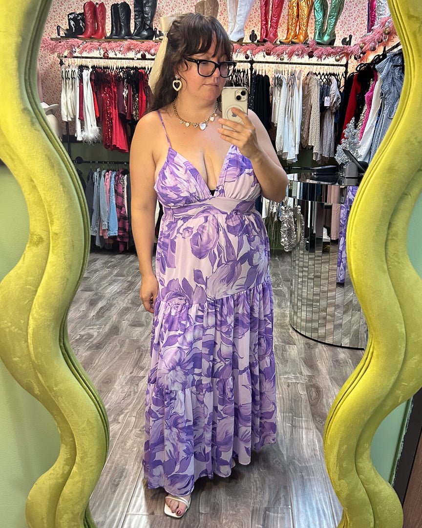 Lavender Multi Floral Print Chiffon Tie Back Tiered Maxi Dress Cindy Jane Boutique Lavender Multi Floral Print Chiffon Tie Back Tiered Maxi Dress Cindy Jane Boutique