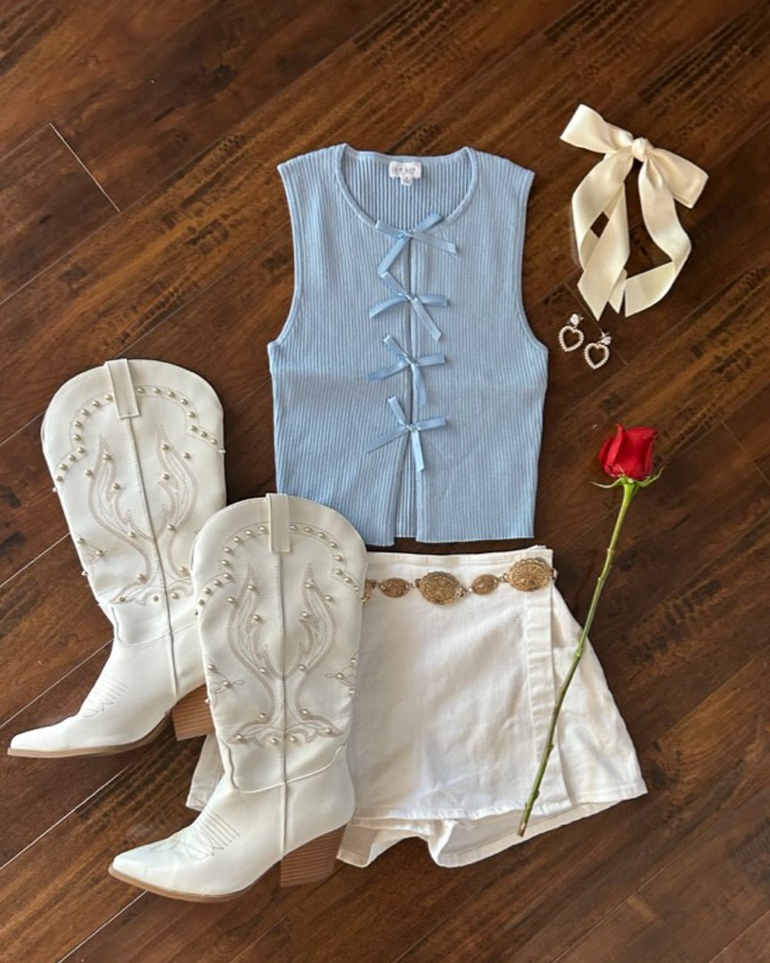 Light Blue Coquette Ribbed Knit Tie Front Sleeveless Tank Top - Cindy Jane Boutique - Tanks, Camis & Tube Tops