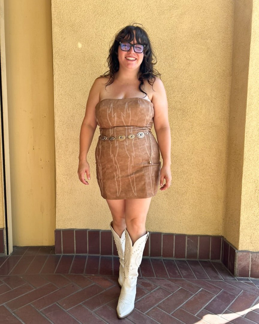 Light Brown Backless Faux Leather Western Embroidered Mini Dress - Cindy Jane Boutique - Short Dresses