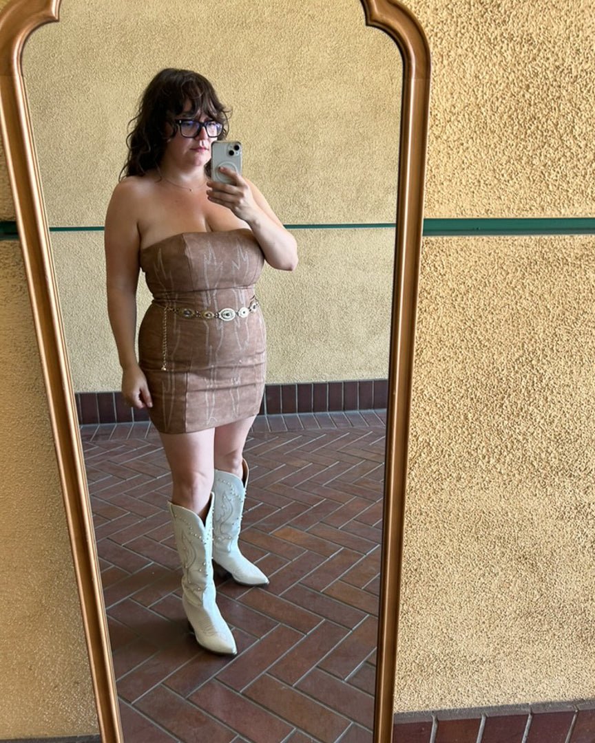 Light Brown Backless Faux Leather Western Embroidered Mini Dress - Cindy Jane Boutique - Short Dresses