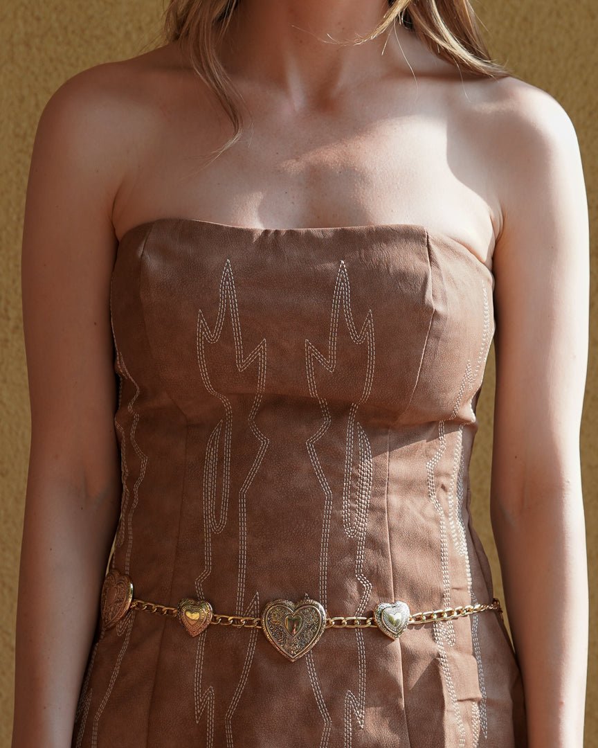 Light Brown Backless Faux Leather Western Embroidered Mini Dress - Cindy Jane Boutique - Short Dresses