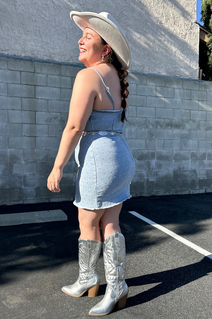 Light Wash Rhinestone Denim Bodycon Dress - Cindy Jane Boutique - Short Dresses