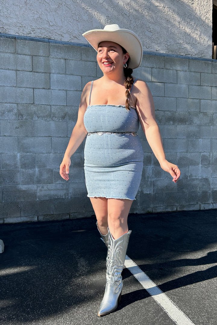 Light Wash Rhinestone Denim Bodycon Dress Light Wash Rhinestone Denim Bodycon Dress