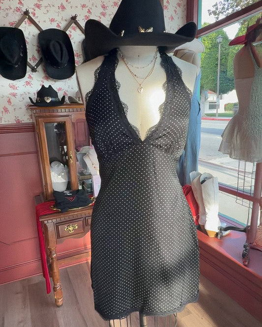 Lila Black And White Polka Dot Lace Trim A - Line Halter Mini Dress - Cindy Jane Boutique - Short Dresses