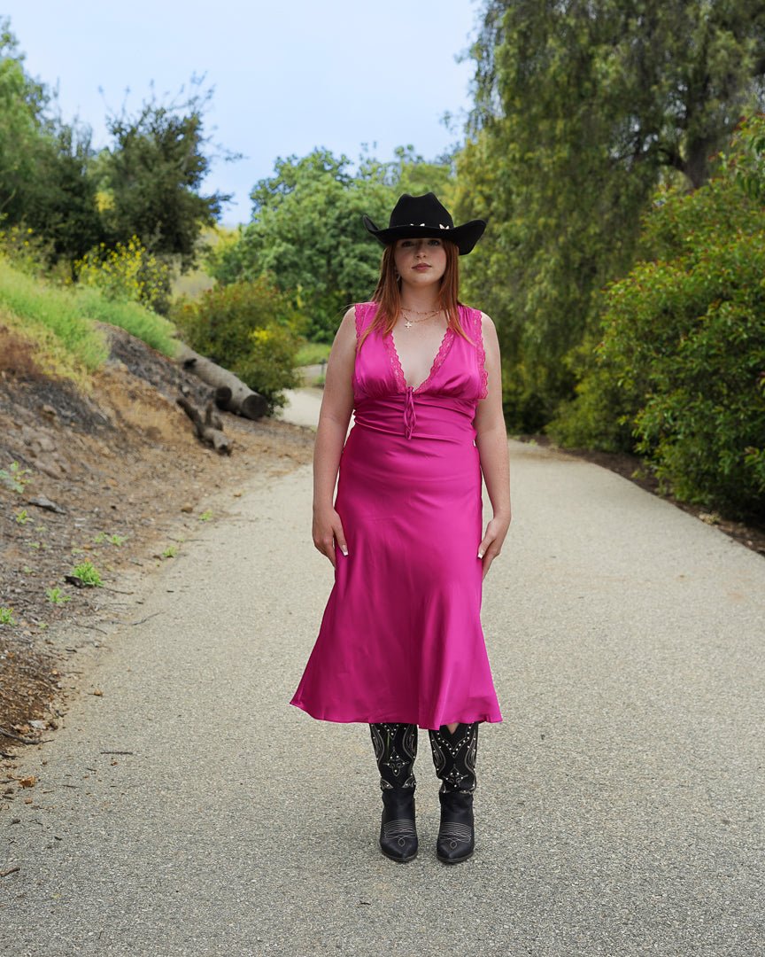 Magenta Lace Trimmed Satin Bias Cut Maxi Dress - Cindy Jane Boutique - Maxi Dresses