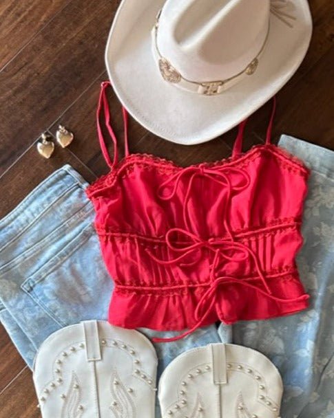 Magenta Tie Front Lace Trim Cami - Cindy Jane Boutique - Tanks, Camis & Tube Tops