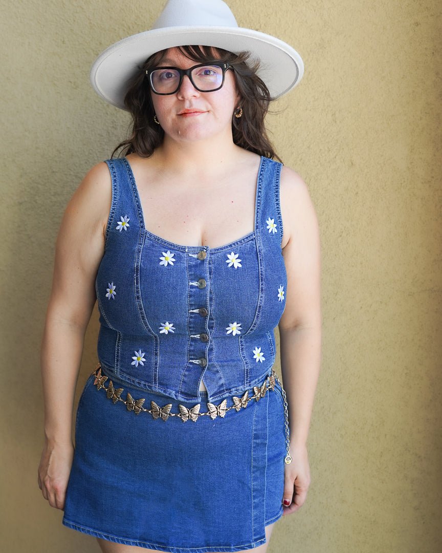 Maggie Medium Wash Daisy Embroidered Sleeveless Denim Corset Top - Cindy Jane Boutique - Tanks, Camis & Tube Tops