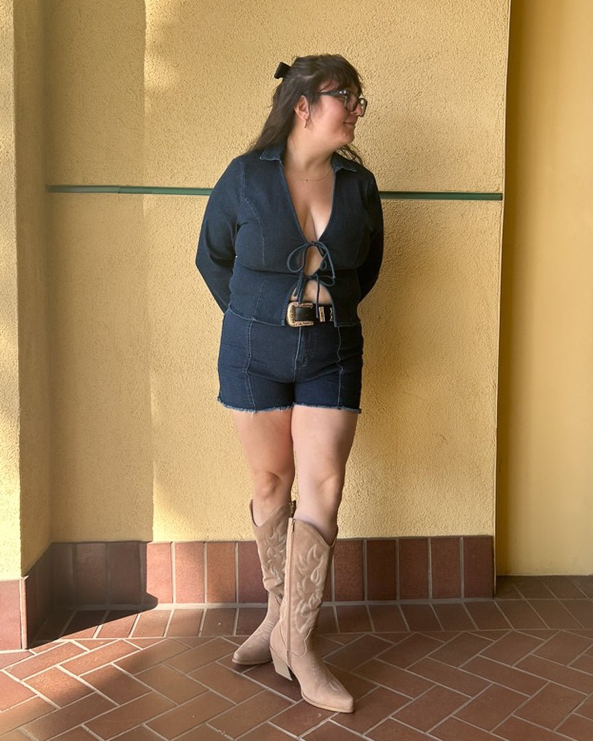 Marlene Dark Wash Stretch Denim Long Sleeve Tie Front Top - Cindy Jane Boutique - Long Sleeve Tops