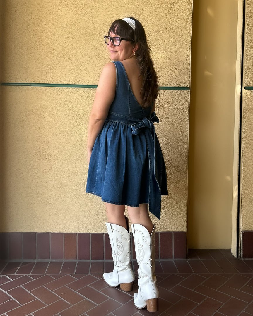Medium Wash Square Neck Denim Corset Skater Dress S / Medium Wash Medium Wash Square Neck Denim Corset Skater Dress S / Medium Wash