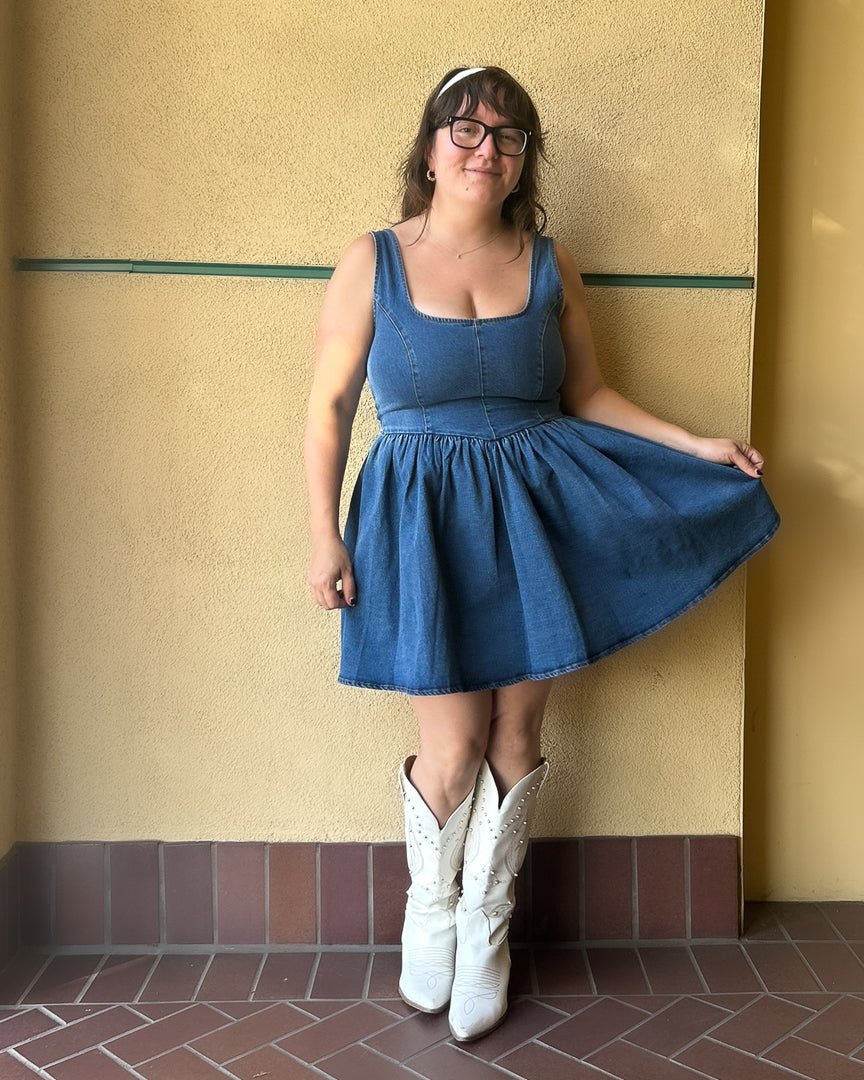 Medium Wash Square Neck Denim Corset Skater Dress - Cindy Jane Boutique - Short Dresses