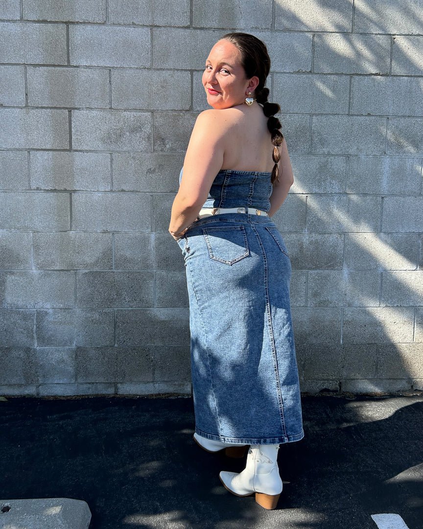 Medium Wash Strapless Denim Maxi Dress - Cindy Jane Boutique - Maxi Dresses