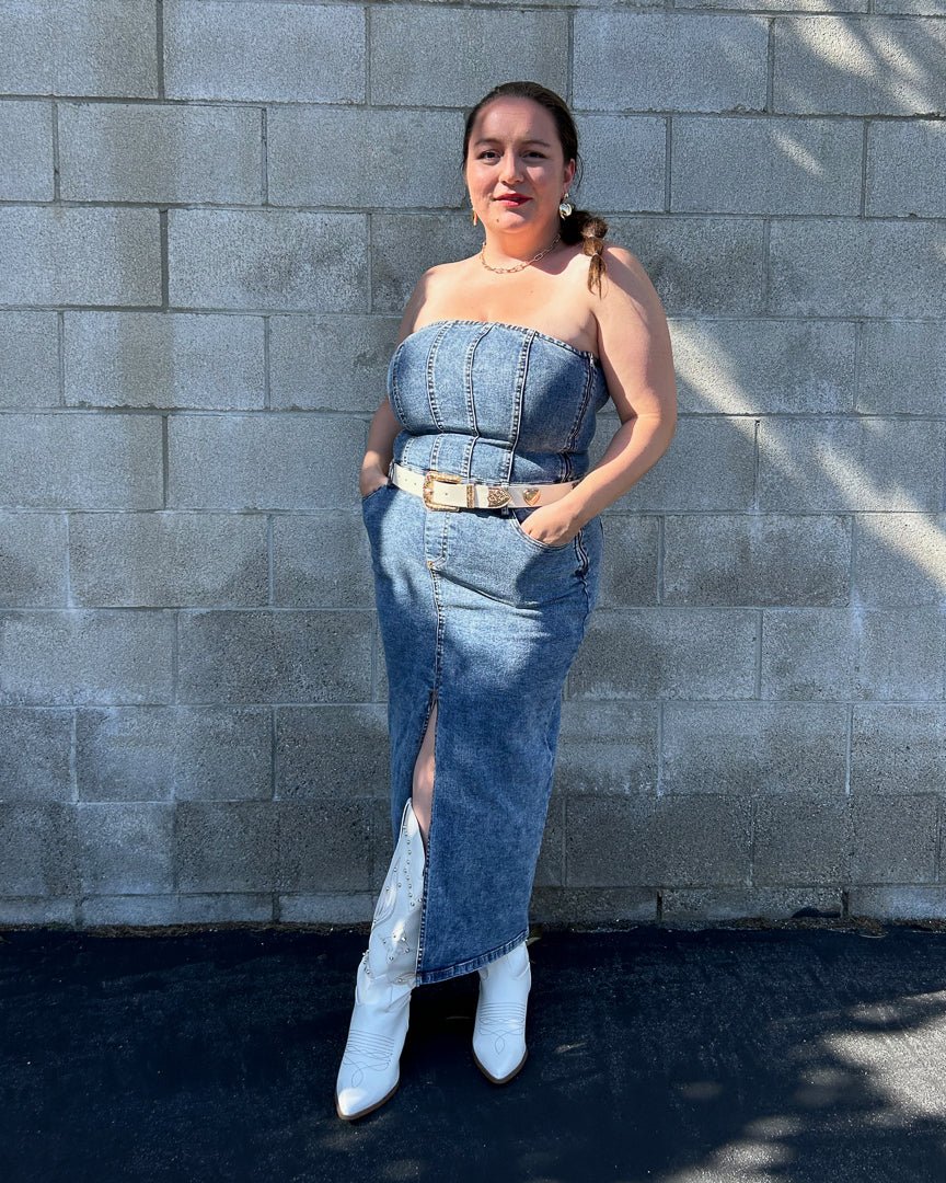Medium Wash Strapless Denim Maxi Dress - Cindy Jane Boutique - Maxi Dresses