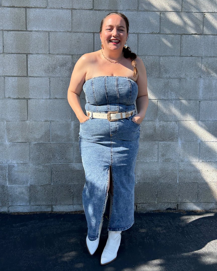 Medium Wash Strapless Denim Maxi Dress - Cindy Jane Boutique - Maxi Dresses