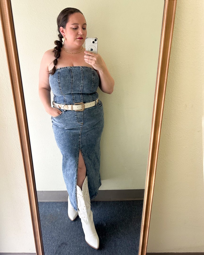 Medium Wash Strapless Denim Maxi Dress Medium Wash Strapless Denim Maxi Dress