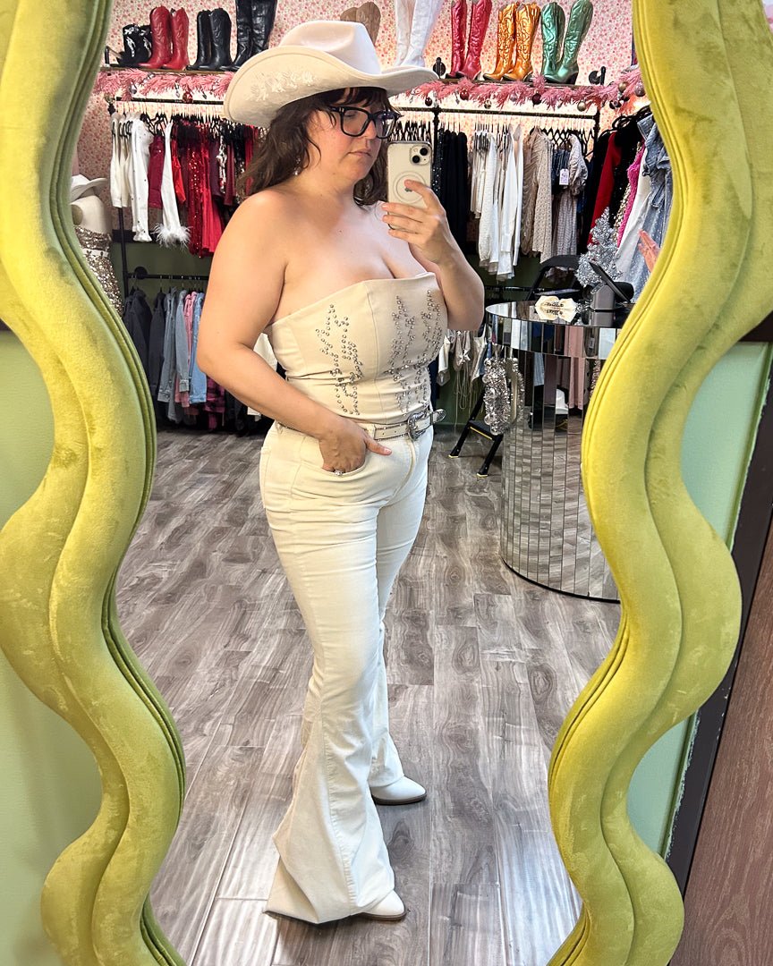 Megan Off White Faux Leather Bedazzled Western Corset Top - Cindy Jane Boutique - Tanks, Camis & Tube Tops