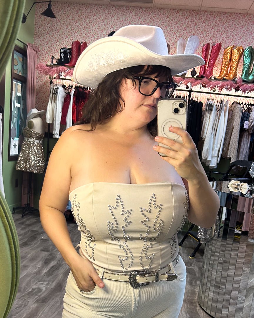 Megan Off White Faux Leather Bedazzled Western Corset Top - Cindy Jane Boutique - Tanks, Camis & Tube Tops