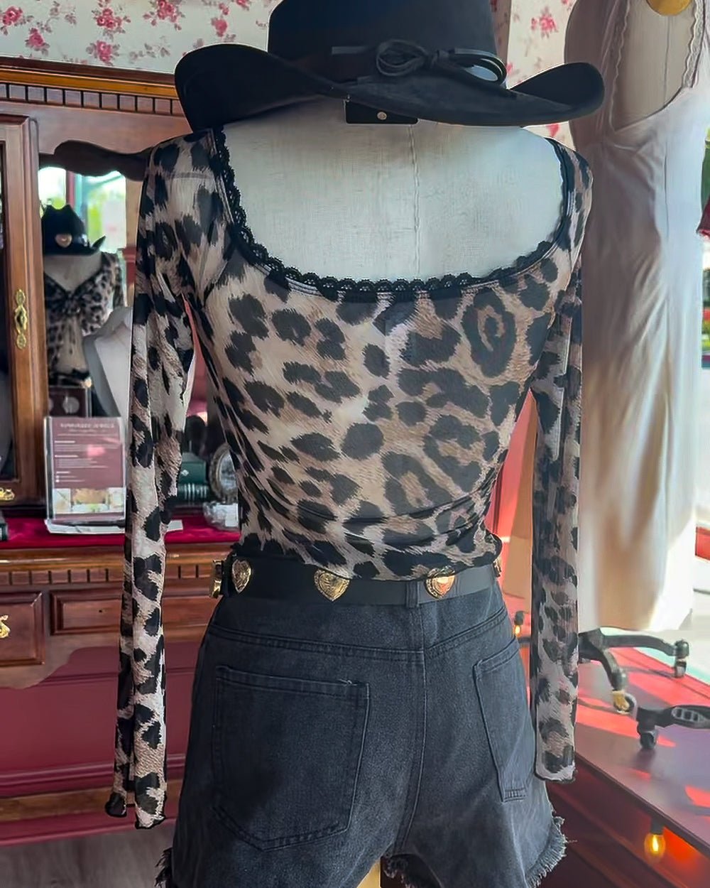 Mercy Me Leopard Print Off - Shoulder Mesh Crop Top - Cindy Jane Boutique - Long Sleeve Tops