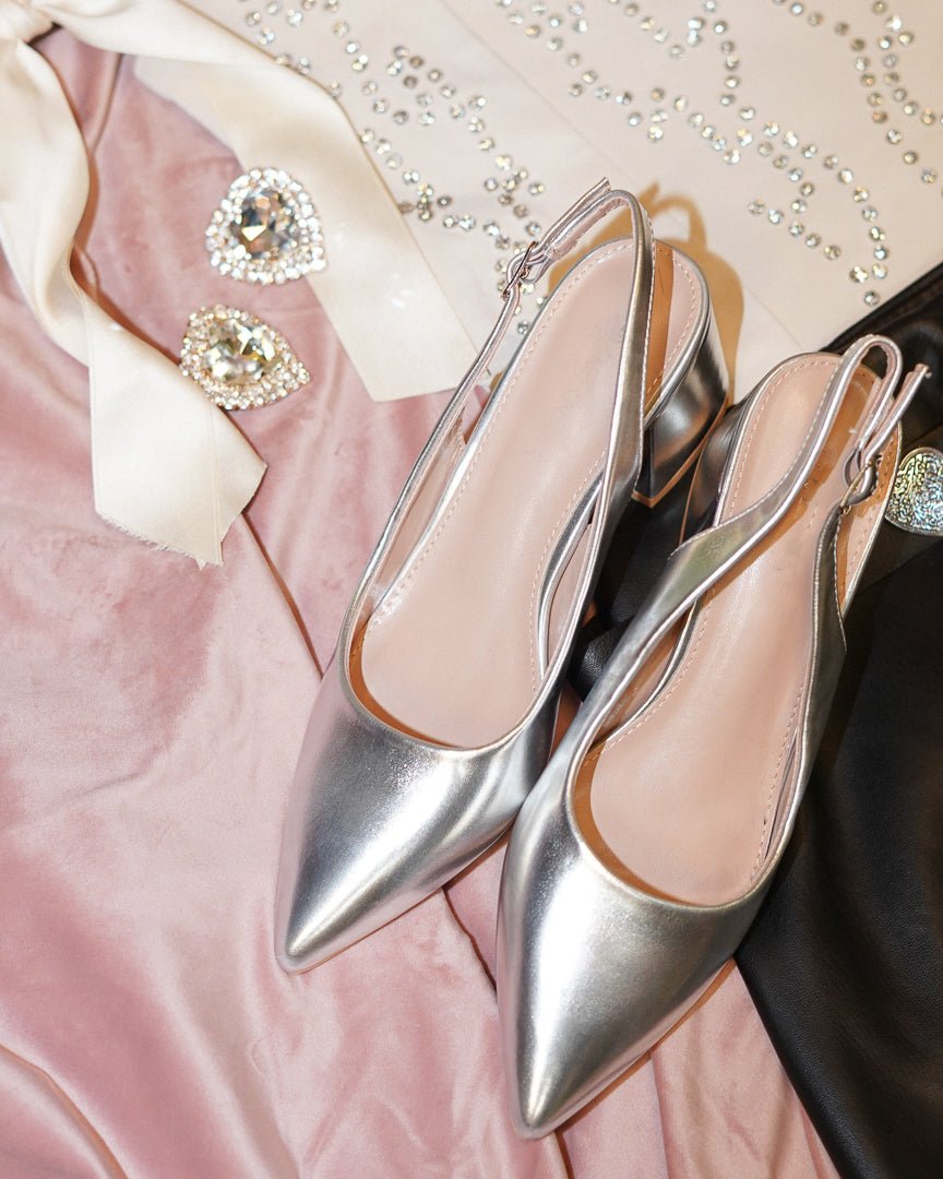 Metallic Silver Slingback Block Heels 8 / Silver Metallic Silver Slingback Block Heels 8 / Silver