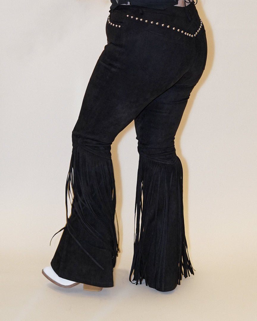 Midnight Rodeo Black Studded Faux Suede Fringe Flare Pants - Cindy Jane Boutique - Pants