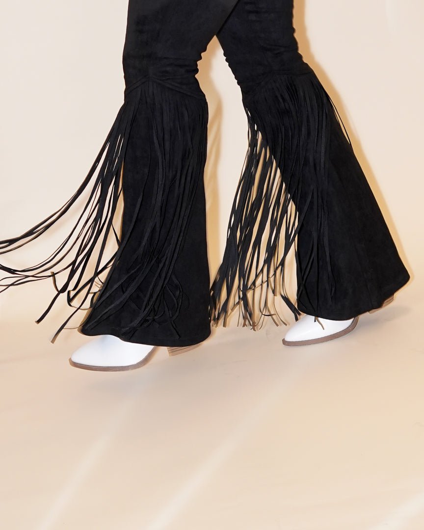 Midnight Rodeo Black Studded Faux Suede Fringe Flare Pants - Cindy Jane Boutique - Pants