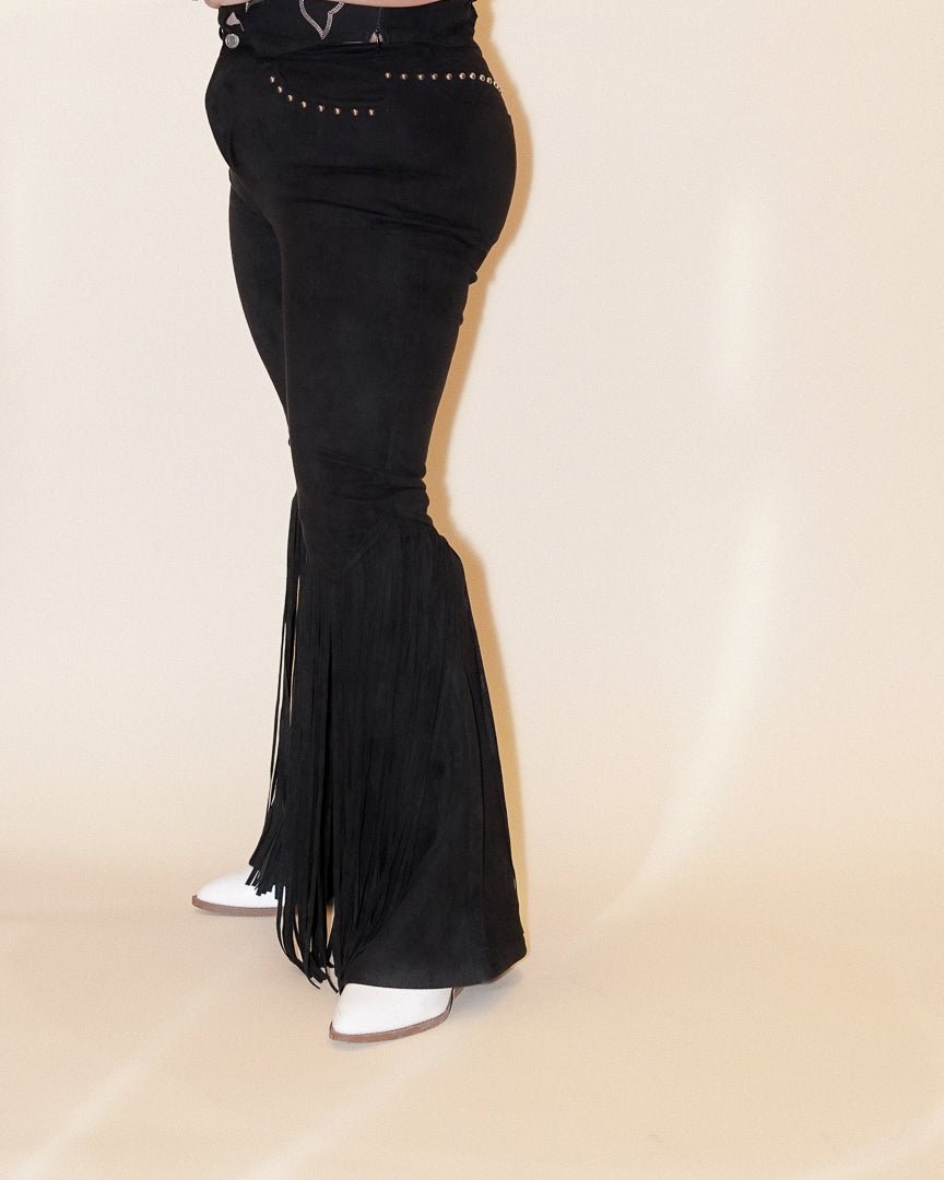 Midnight Rodeo Black Studded Faux Suede Fringe Flare Pants - Cindy Jane Boutique - Pants