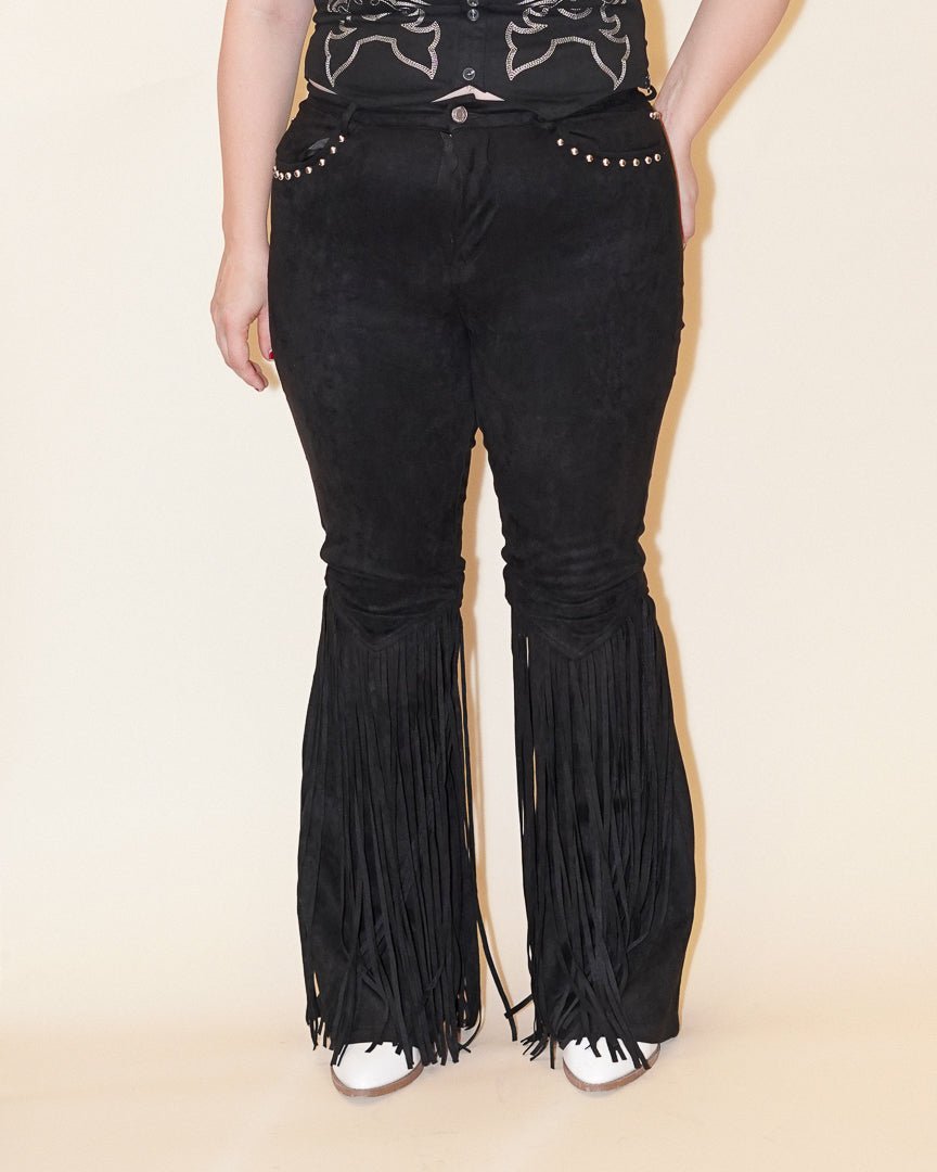 Midnight Rodeo Black Studded Faux Suede Fringe Flare Pants - Cindy Jane Boutique - Pants