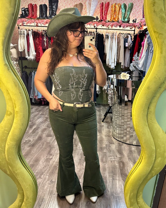 Moonstruck Olive Green Corduroy Flare Pants - Cindy Jane Boutique - Pants