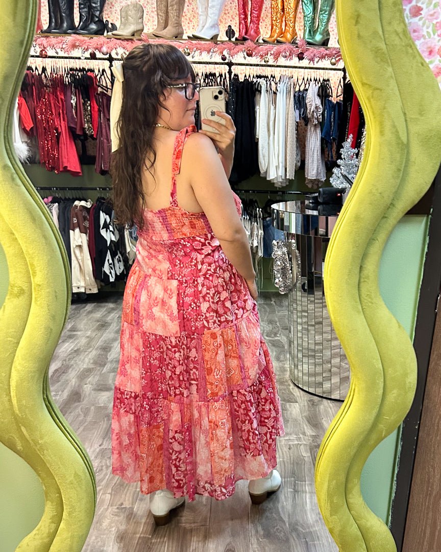 Pink Multi Quilted Patchwork Smocked Midi Dress - Cindy Jane Boutique - Midi Dresses