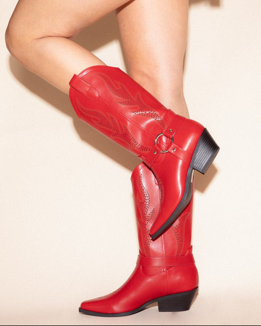 Querida Faux Leather Red Cowgirl Boots - Cindy Jane Boutique - Boots