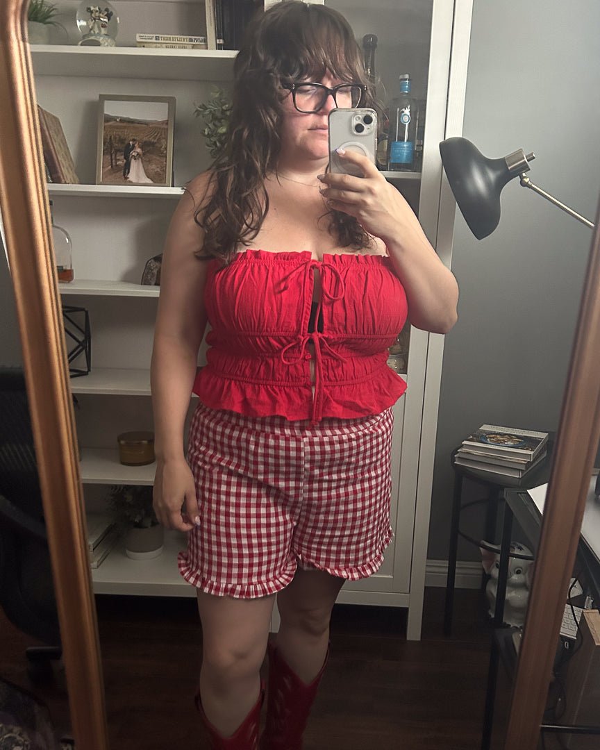 Red Coquette Strapless Tie Front Ruffle Crop Top - Cindy Jane Boutique - Tanks, Camis & Tube Tops