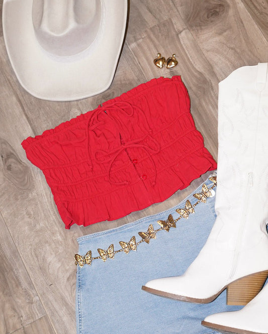 Red Coquette Strapless Tie Front Ruffle Crop Top - Cindy Jane Boutique - Tanks, Camis & Tube Tops