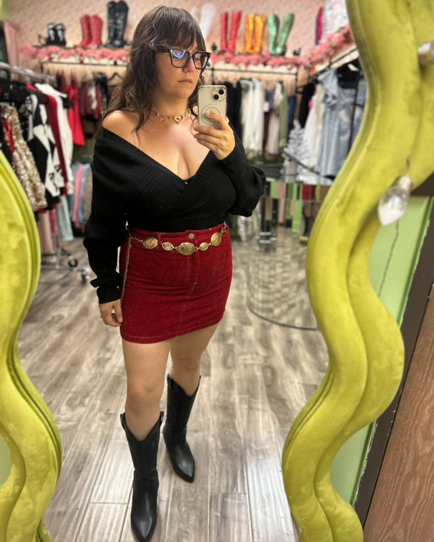 Red Corduroy Mini Skirt With Back Bow Pocket Detail - Cindy Jane Boutique - Skirts