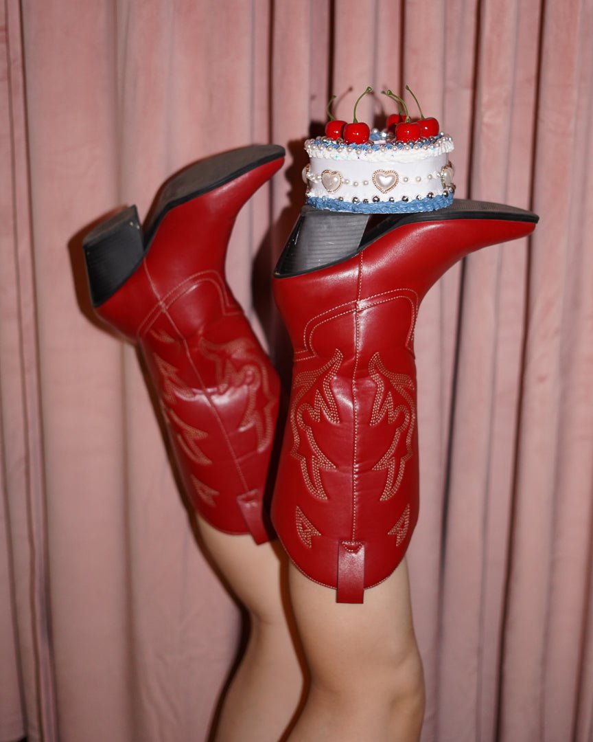 Red Faux Leather Embroidered Cowboy Boots - Cindy Jane Boutique - Boots